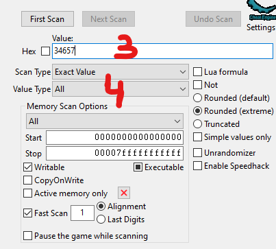 Cheat Engine money value scan example